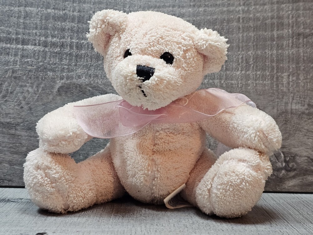 SKM Pink Bear Plush VTG Floppy Bow Fuzzy Stuffed Animal 8"